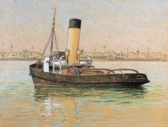 Sleepboot in de haven van Bordeaux (pastel op papier)