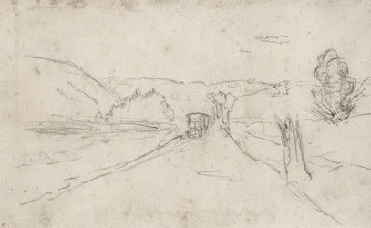 weg met vrachtwagens en explosies in een veld, c1914-18 (tekening)