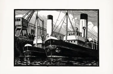 schepen aangemeerd in de haven van Bordeaux (linoleumsnede)