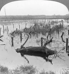Geopende sluizen en prikkeldraad in Nieuwpoort, België, Eerste Wereldoorlog, ca. 1914-ca. 1918