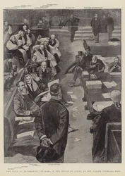 De hertog van Devonshire spreekt in het Hogerhuis over de Parish Councils Bill (gravure)
