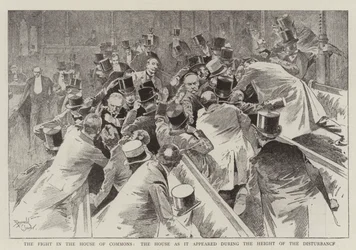 De strijd in het Lagerhuis, het Huis zoals het eruitzag tijdens het hoogtepunt van de onlusten (gravure)