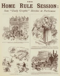De Home Rule Sessie, enkele "Daily Graphic" schetsen in het parlement (gravure)