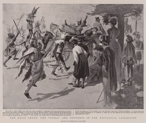 De Parijse Feesten, de "Dwazen" en studenten in de Historische Processie (litho)