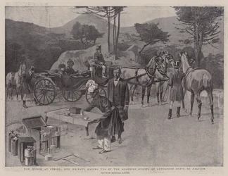 De koningin in Cimiez, Hare Majesteit met thee langs de weg tijdens een middagrit naar Falicon (litho)