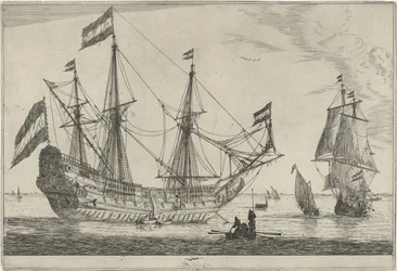 Groot zeilschip en een roeiboot