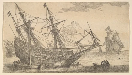 Een koopvaardijschip gekield voor het breeuwen van de romp