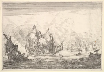 Zeeslag met een Engels schip dat aan de linkerkant zinkt, uit Zeeslagen Nieuwe Sc...