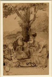 Vier moellahs gezeten onder een boom, Rembrandt, ca. 1656-61