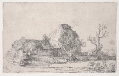 Cottage en Boerderijgebouwen met een Man die Schetst