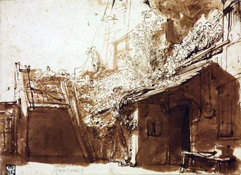 Boerderij in licht en schaduw - Rembrandt van Rhijn (1606-1669) - 1635-1636 - Pen, penseel, bruine kleur op papier - 16,2x22,5 cm - Szépművészeti Múzeum, Boedapest
