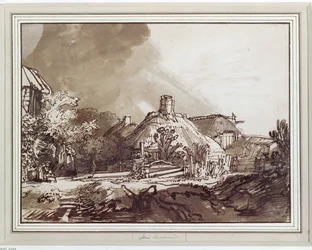 Huizen onder een stormachtige hemel. Pentekening (tekening)
