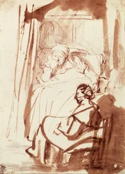 Saskia liggend in bed, een vrouw zittend aan haar voeten