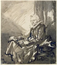 Zittende vrouw met open boek op schoot, ca.1639 (pen, bruine inkt  bruin gewassen)