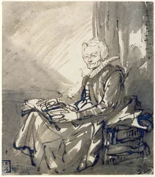 Vrouw met open boek op schoot, ca. 1639 (pen, penseel, grijze en bruine kleur, aquarel op papier)