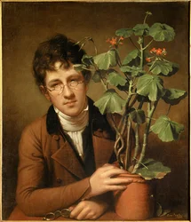 Portret van de schilder Rubens Peale (1784-1864) met een geranium. Schilderij door Rembrandt Peale (1778-1860) 1801. Privécollectie