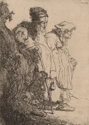 Bedelman en vrouw achter een bank, c. 1630