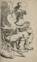 Bedelaar zittend zijn handen verwarmend aan een vuurpot, ca. 1630