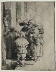 Bedelaars ontvangen aalmoezen bij de deur van een huis
