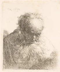 Buste van een oude man met golvende baard: het hoofd voorovergebogen: linkerschouder onbeschaduwd