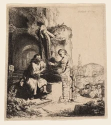 Christus en de vrouw van Samaria tussen ruïnes
