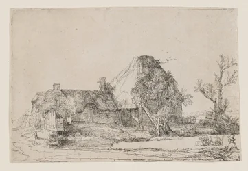 Boerderijhuisje en boerderijgebouwen met een man die aan het schetsen is