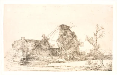 Cottage en boerderijgebouwen met een man die schetst