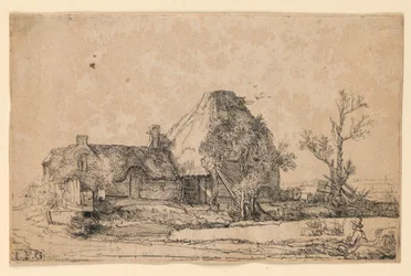 Huisjes en Boerderij met een Man die Schetst