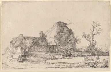 Huisjes en boerderijgebouwen met een man die schetst