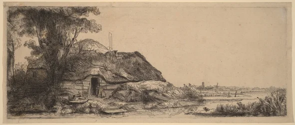 Landschap met een huisje en een grote boom