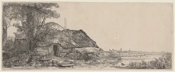 Landschap met een huisje en een grote boom