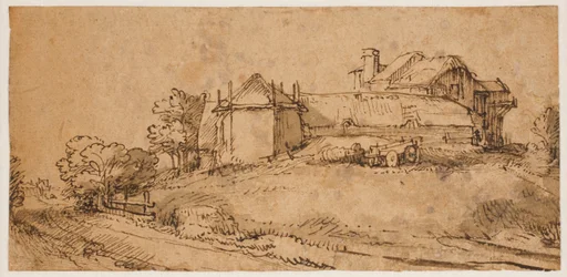Landschap met een boerderij en een hooischuur