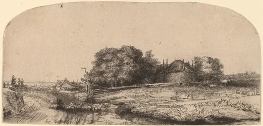 Landschap met een hooischuur en een kudde schapen