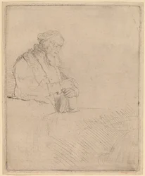 Oude man in meditatie, leunend op een boek
