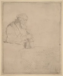 Oude man in meditatie, leunend op een boek