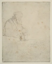 Oude Man in Meditatie, Leunend op een Boek