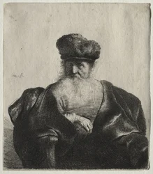 Oude man met baard, bontmuts en fluwelen mantel
