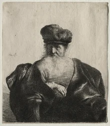 Oude man met baard, bontmuts en fluwelen mantel