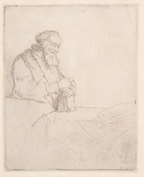 Een oude man in meditatie, leunend op een boek