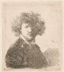 Rembrandt zonder hoed, met dik, krullend haar en een smal wit kraagje: borstbeeld
