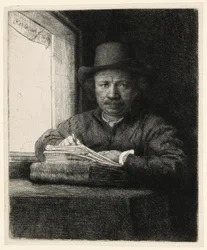 Zelfportret ets bij een raam