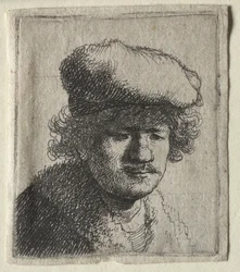Zelfportret met naar voren getrokken pet
