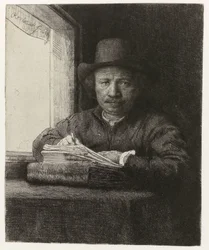 Zelfportret, ets bij een raam