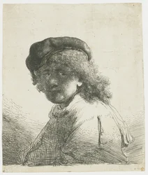 Zelfportret met een pet en sjaal met het gezicht donker: buste