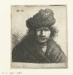 Zelfportret in een schuine bontmuts: buste