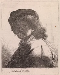 Zelfportret met pet en sjaal, met een donker gezicht