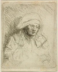 Zieke vrouw met een grote witte hoofddoek (Saskia)