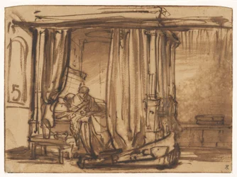 Slaapkamer met Saskia zittend in een hemelbed