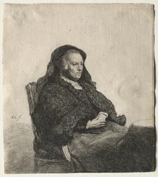 De moeder van de kunstenaar zittend aan een tafel, kijkend naar rechts: Driekwart lengte, ca. 1631