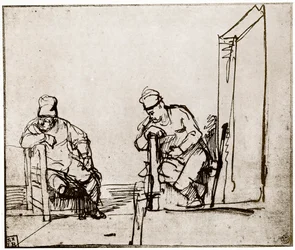 Twee mannen zittend bij een deuropening, 1913